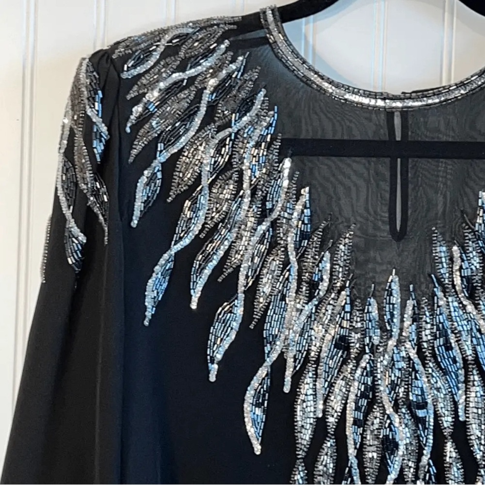 Vintage Argenti Silk Black Blouse Silver beads & sequins. Dolly Parton-like